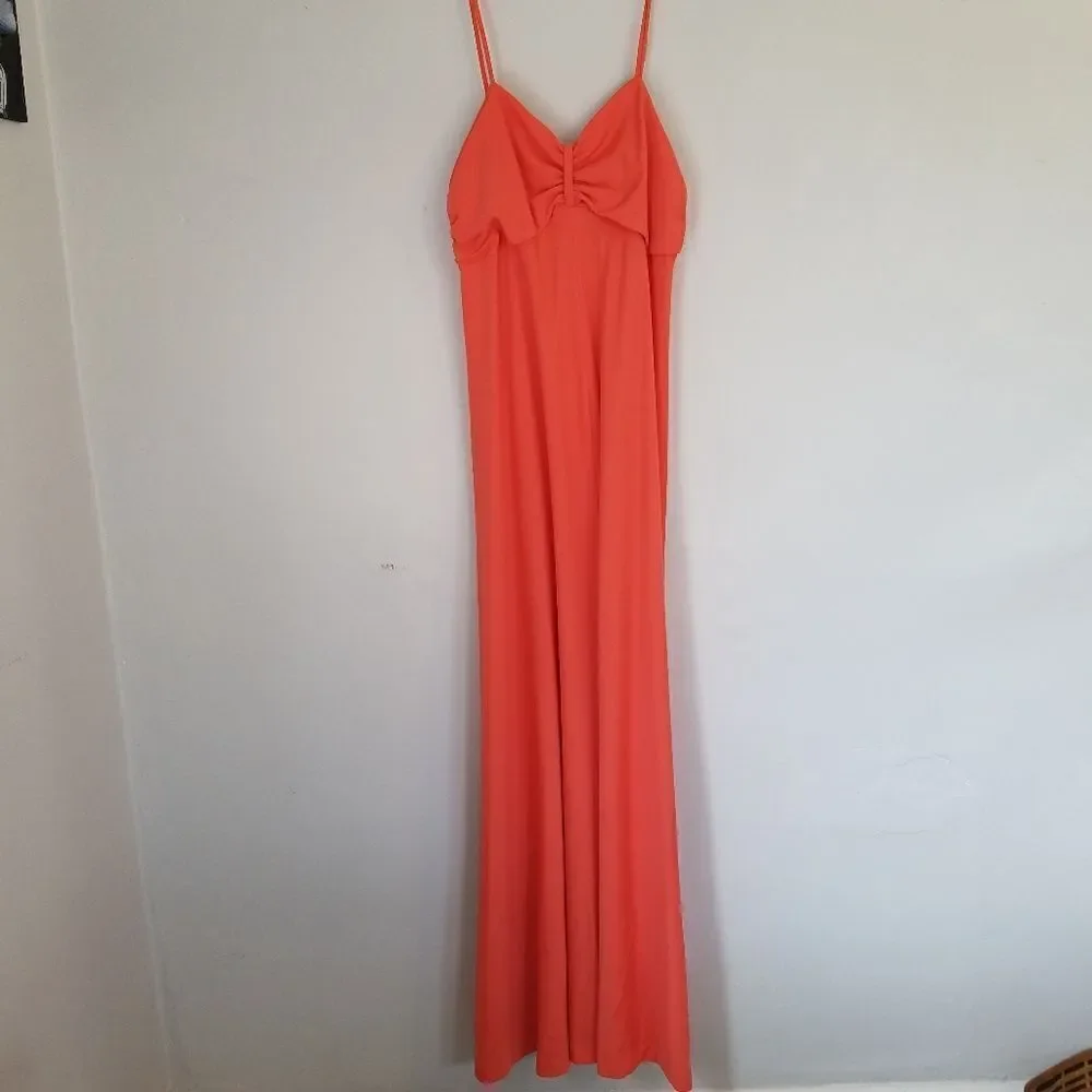 Vintage Elegant Coral 60’s ILGWU Spaghetti Strap Maxi Dress Matching Jacket Set